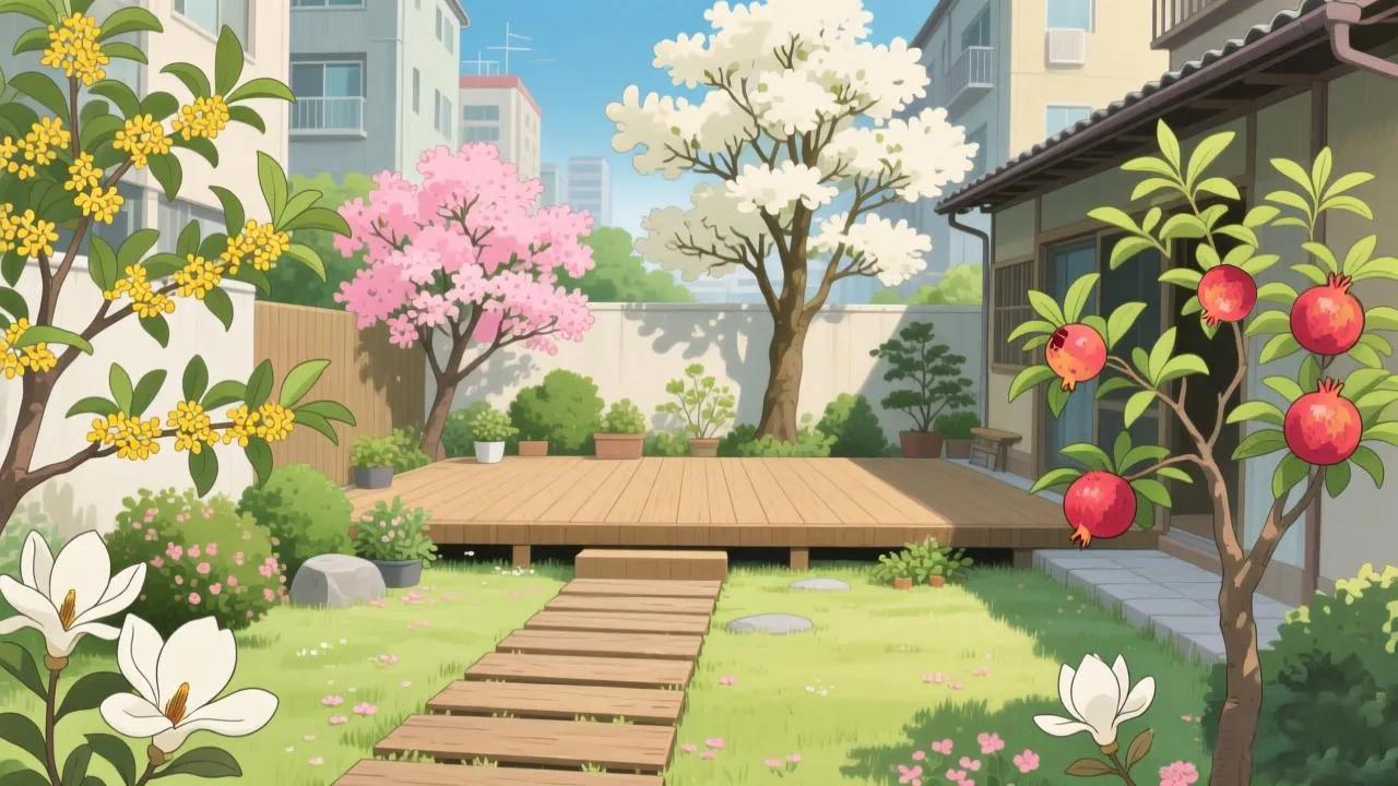 金桂玉兰石榴海棠庭院种植_富贵满堂花盆栽_庭院金玉满堂植物组合